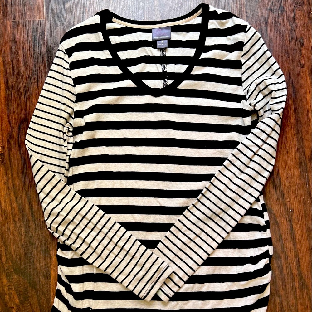 Motherhood Maternity long sleeved black and white striped top, size medium